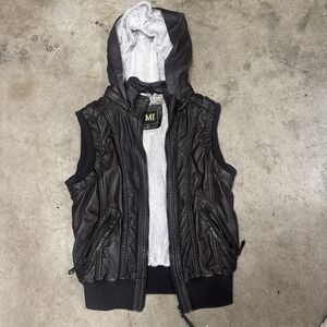 YMI Faux Leather Hooded Vest Medium Brown Faux Fur Lined Ribbed Trim